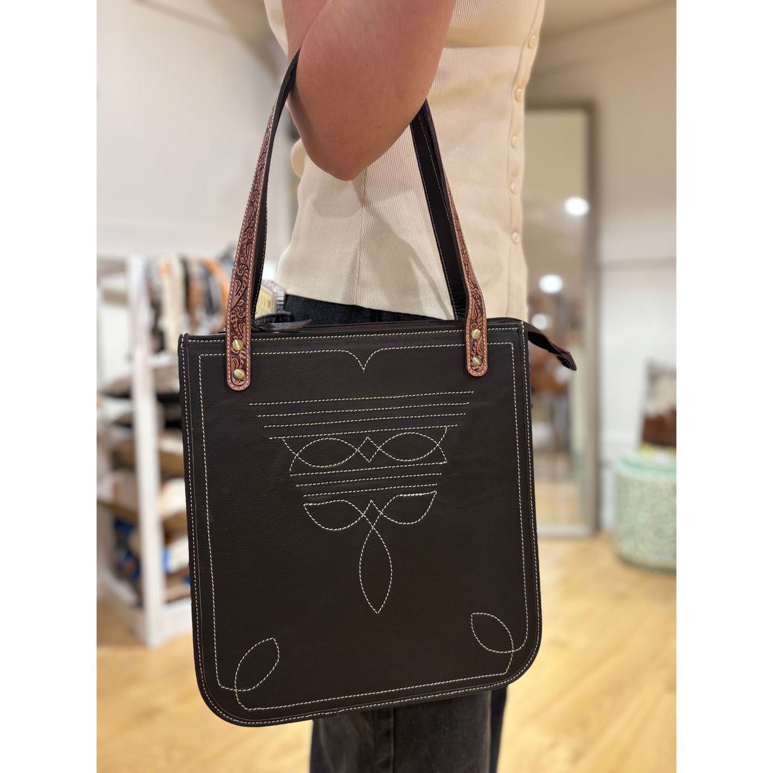 Tooling leather boot stitch bag