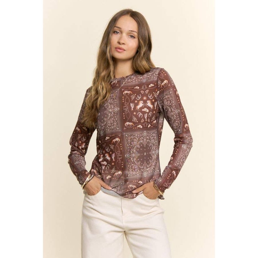 Western Bandana Print Mock Neck Mesh Top