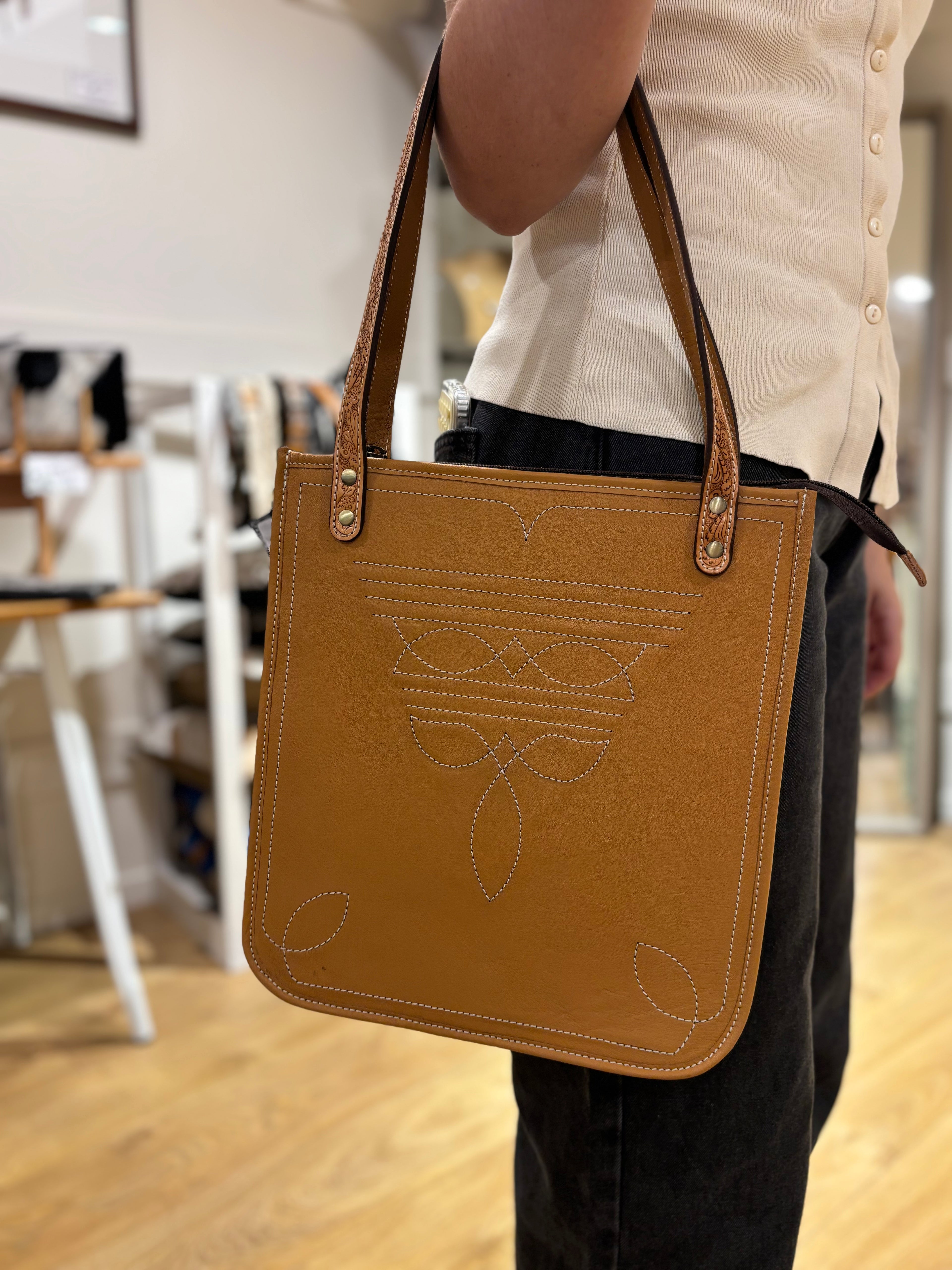 Tooling leather boot stitch bag