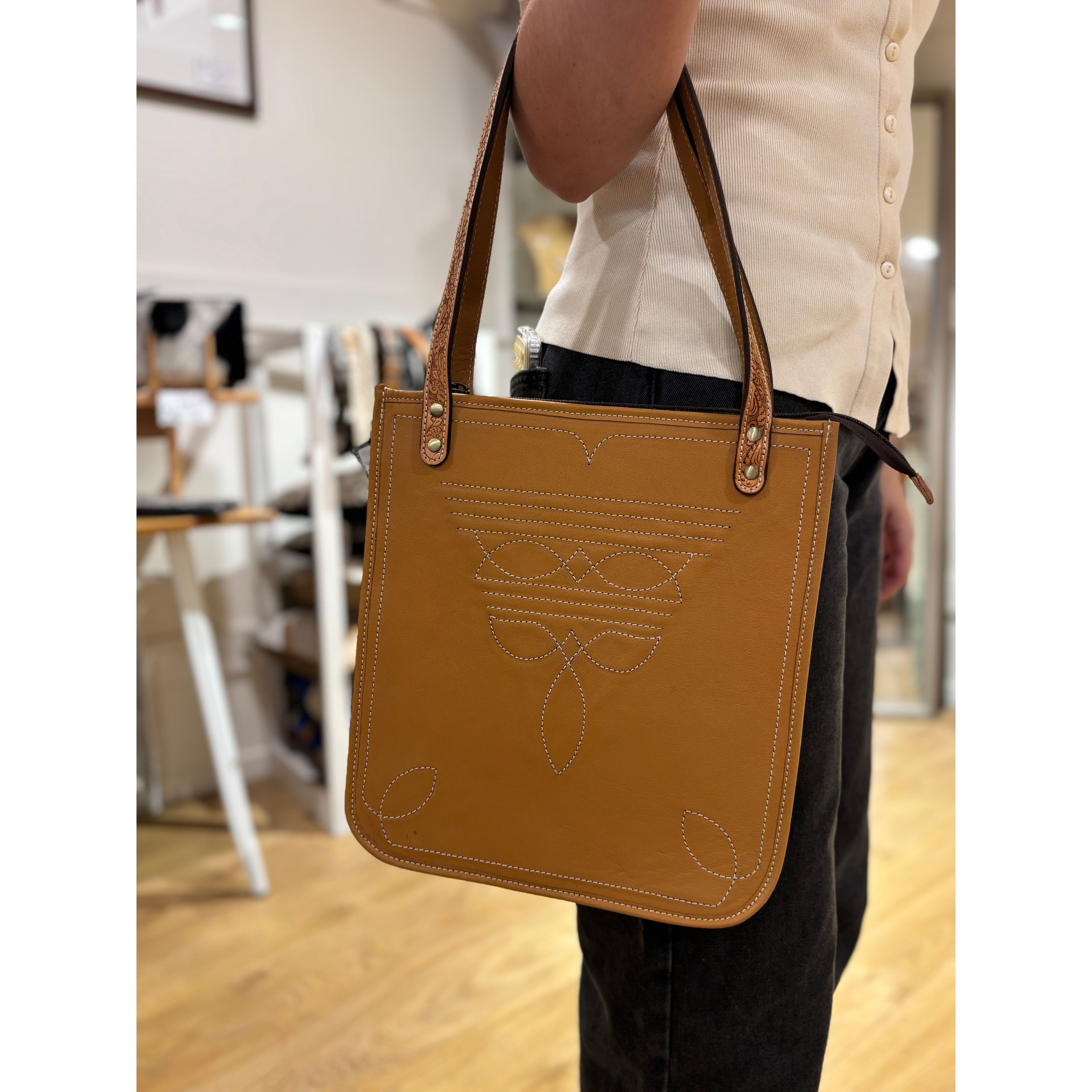 Tooling leather boot stitch bag