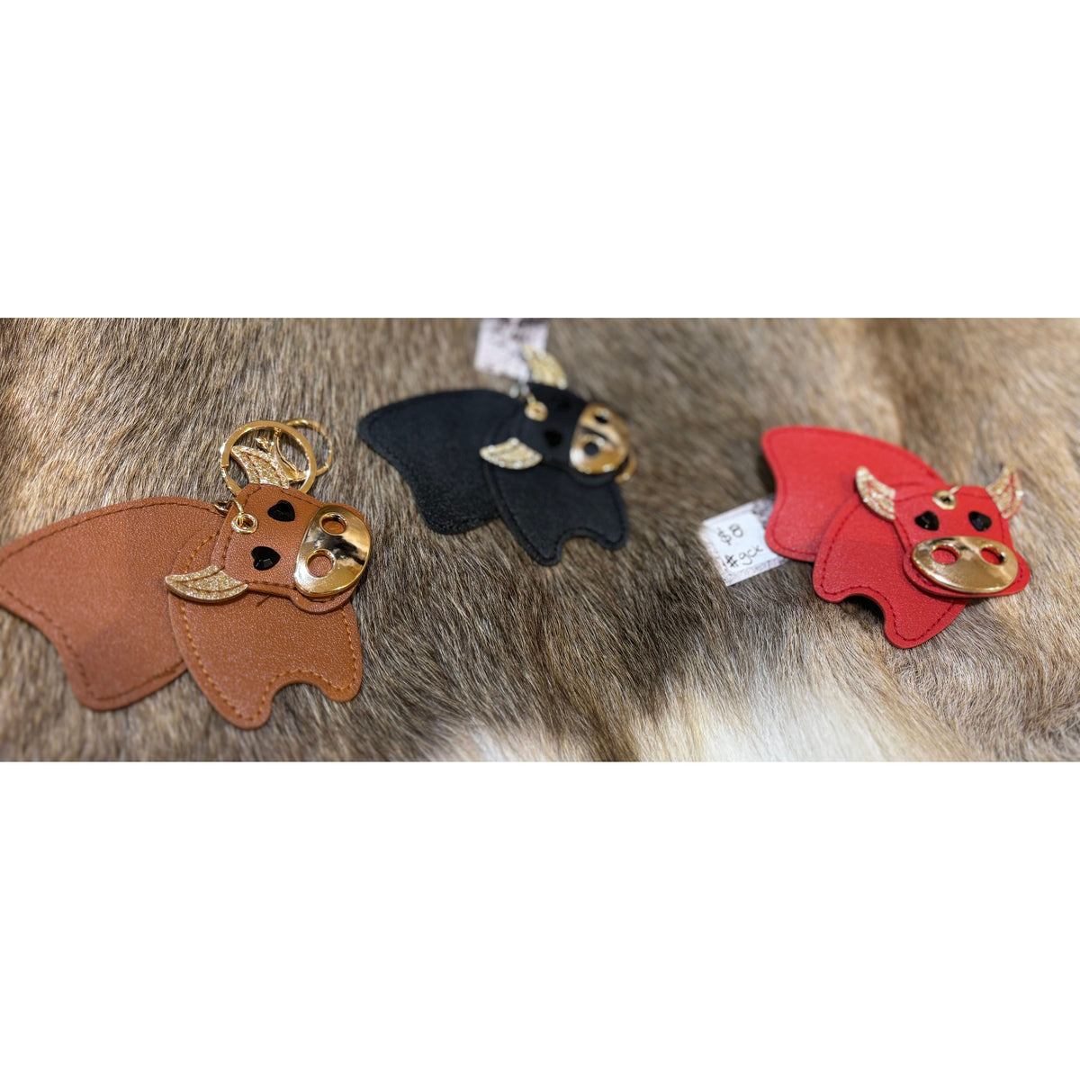 Leather Cow Bull glitter keychain