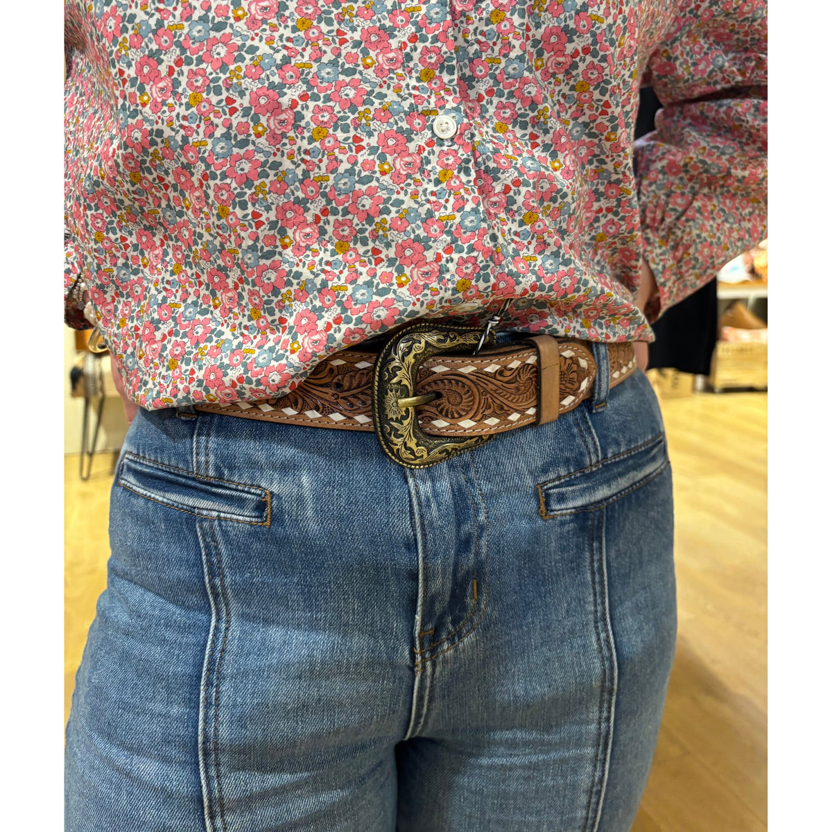 Chocolate Buck stitched tooled leather belt