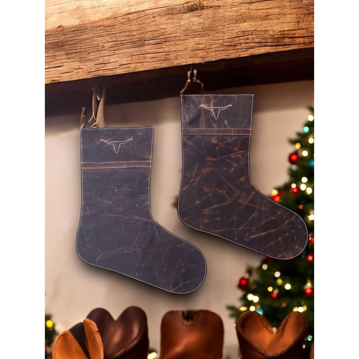 Longhorn Christmas Stockings Rustic Leather