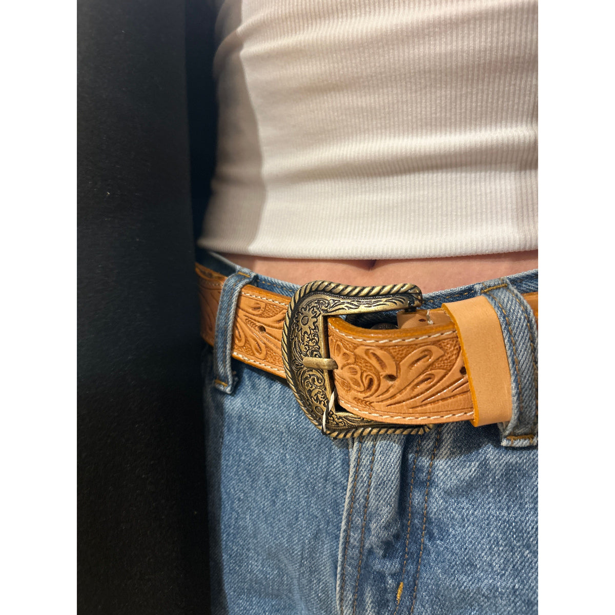 Tan Tooled Leather and Hide Belt