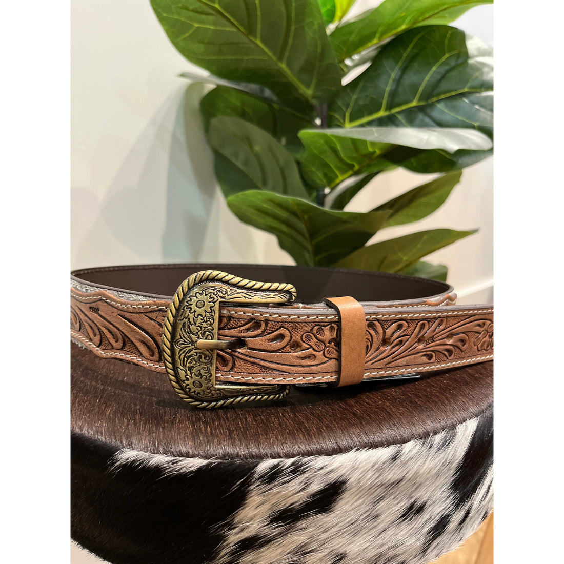 Chocolate Tooled Leather and Hide Belt 