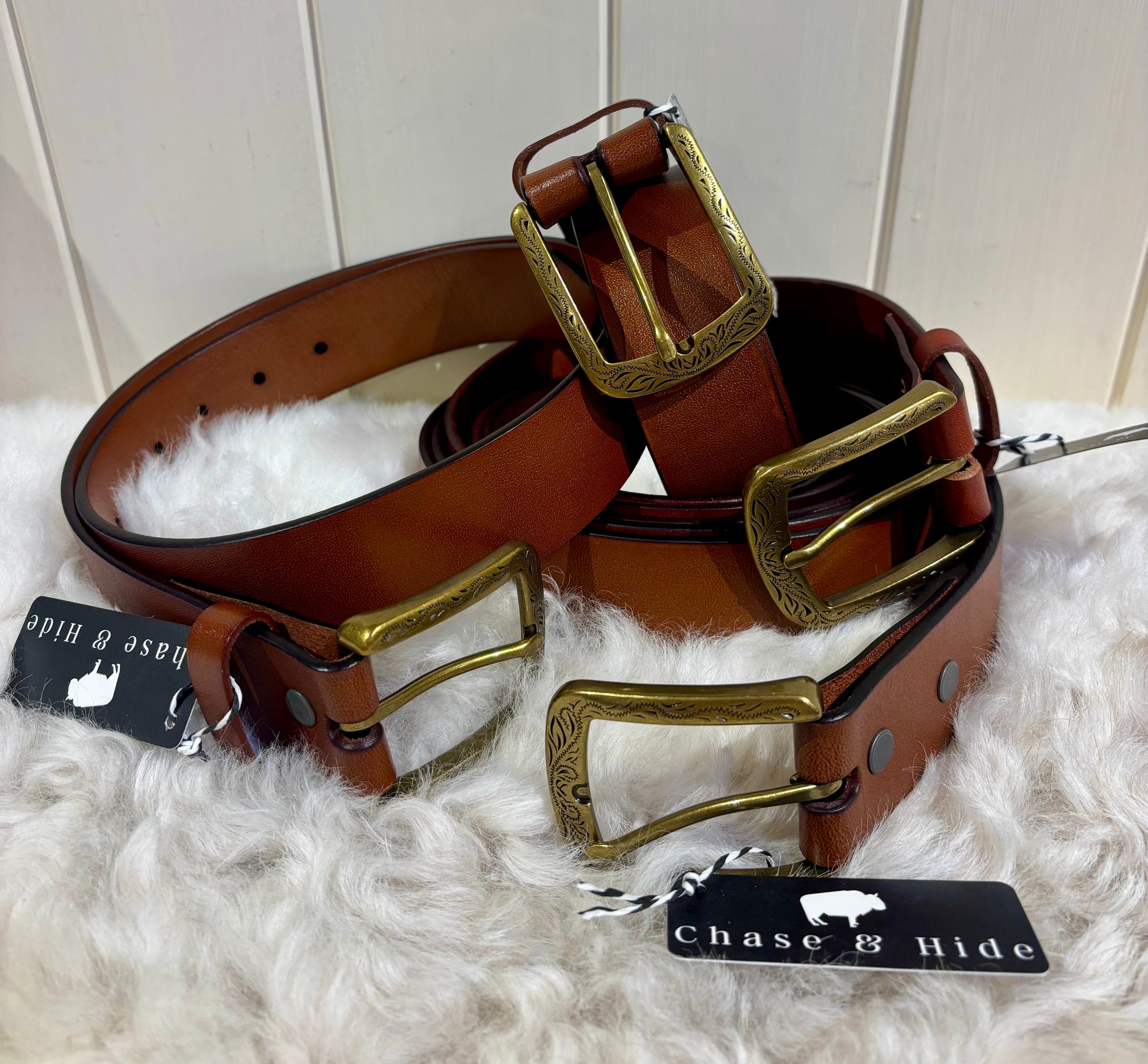 Leather Belt with Etched gold buckle