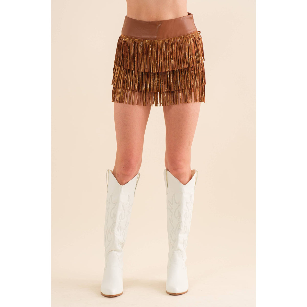 Festival Leather Waist Tiered Fringe Studded Short
