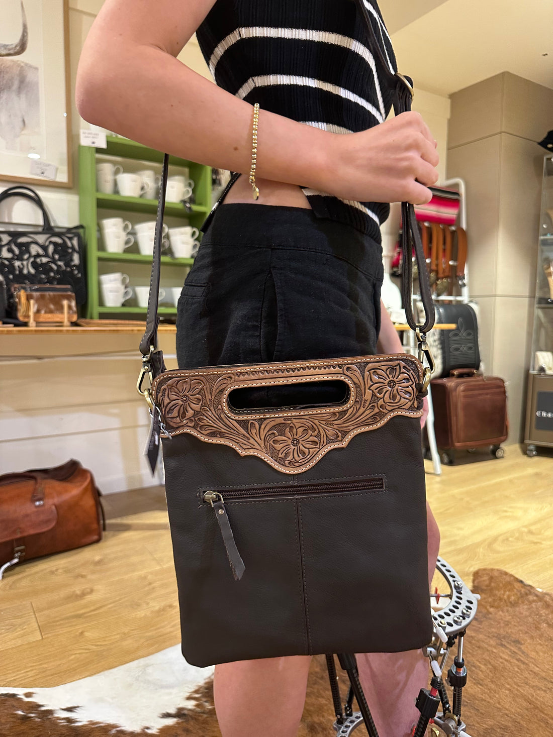 Sundance hide & tooled leather handbag