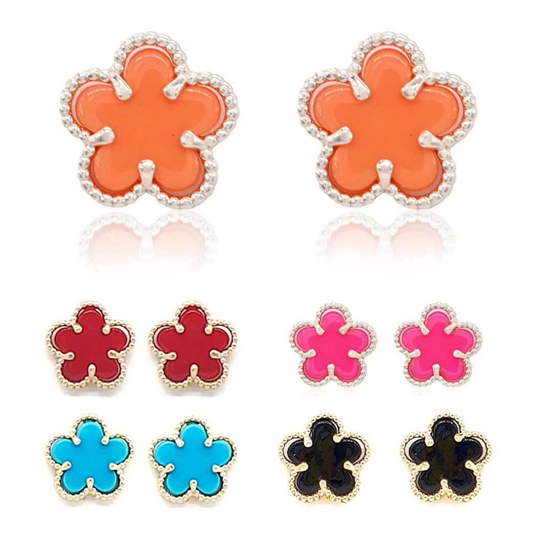 Flower With Gold Toned Outline Post Earrings