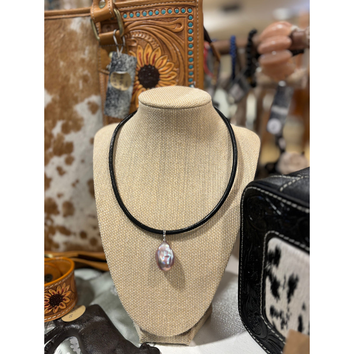 Natural Pink Freshwater Baroque pearl pendant on leather cord