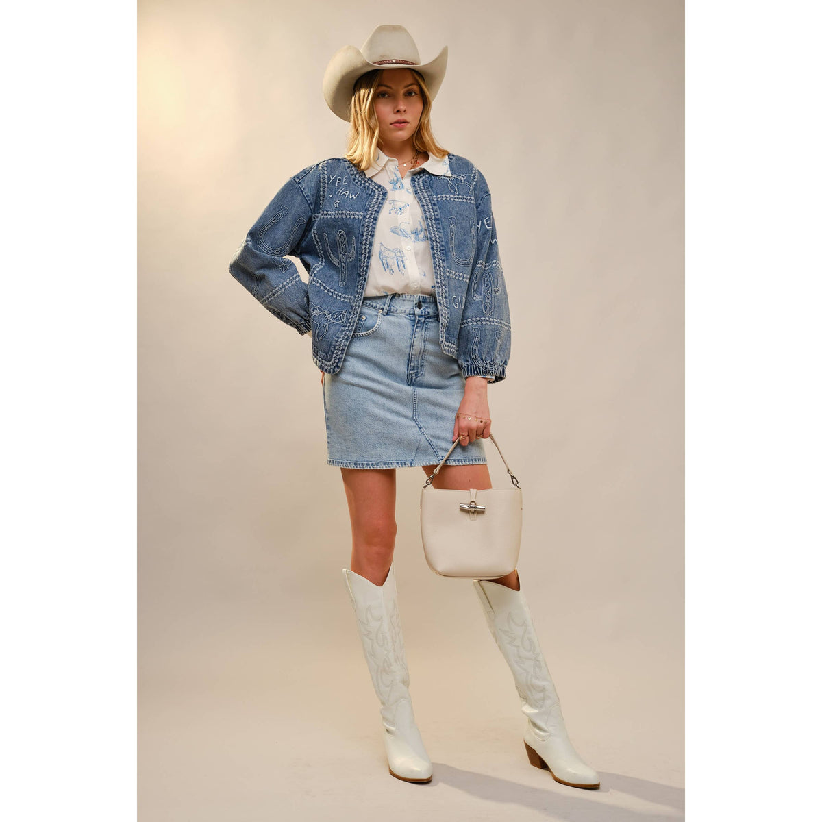 Western Embroidery Puff Sleeve Denim Jacket
