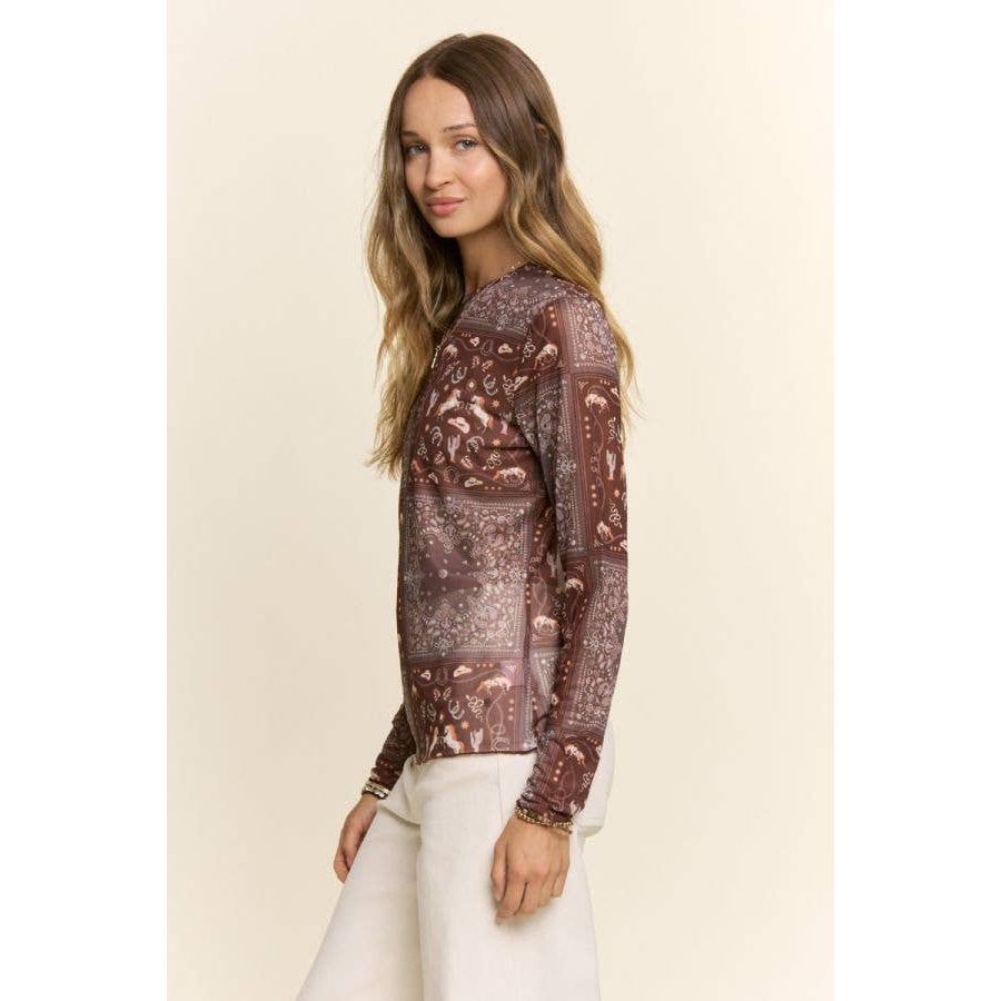 Western Bandana Print Mock Neck Mesh Top