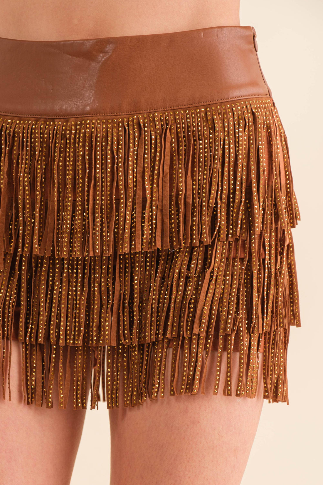 Festival Leather Waist Tiered Fringe Studded Short