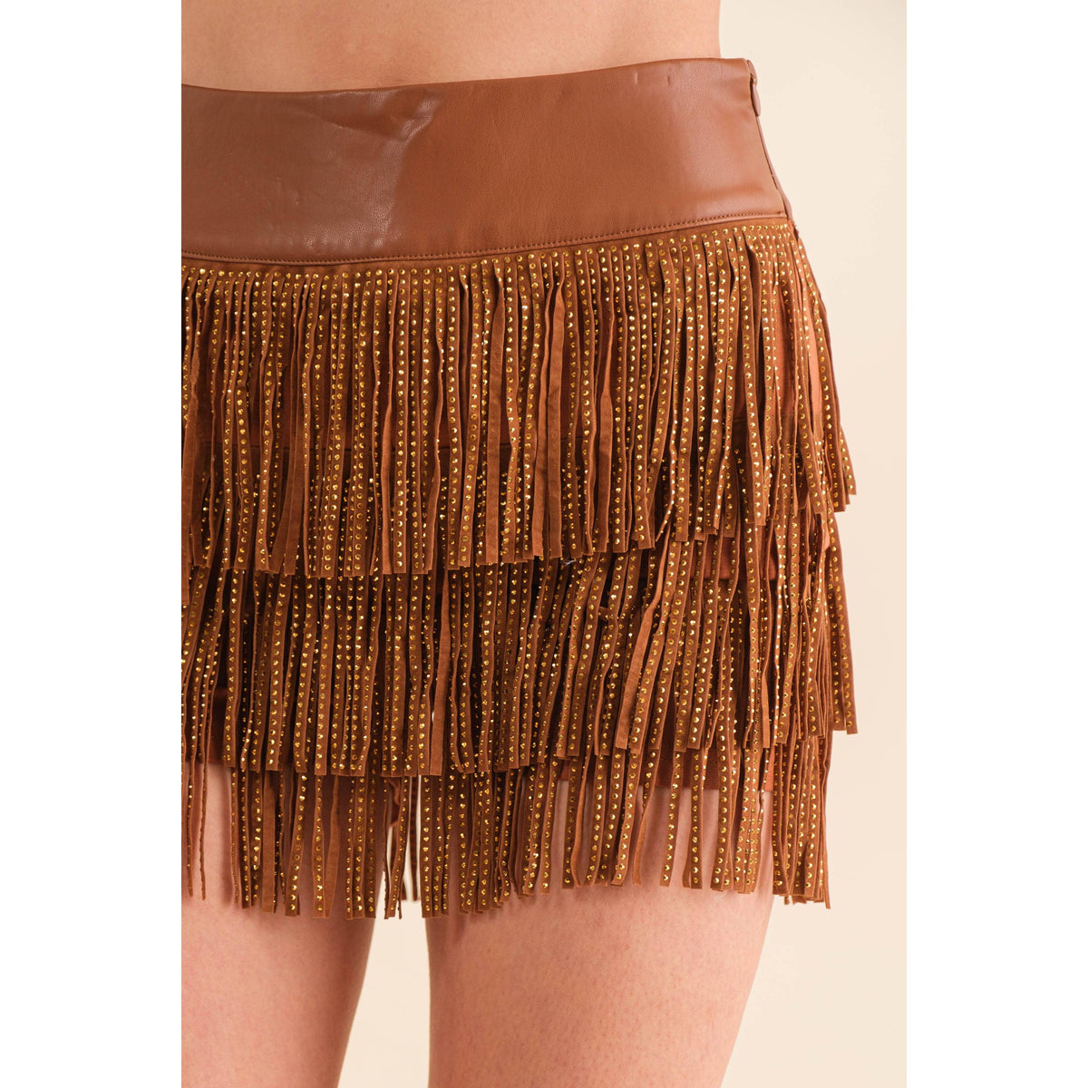 Festival Leather Waist Tiered Fringe Studded Short