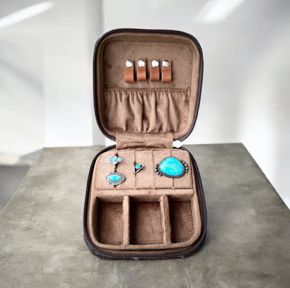 Longhorn tooled leather & cowhide jewelry box