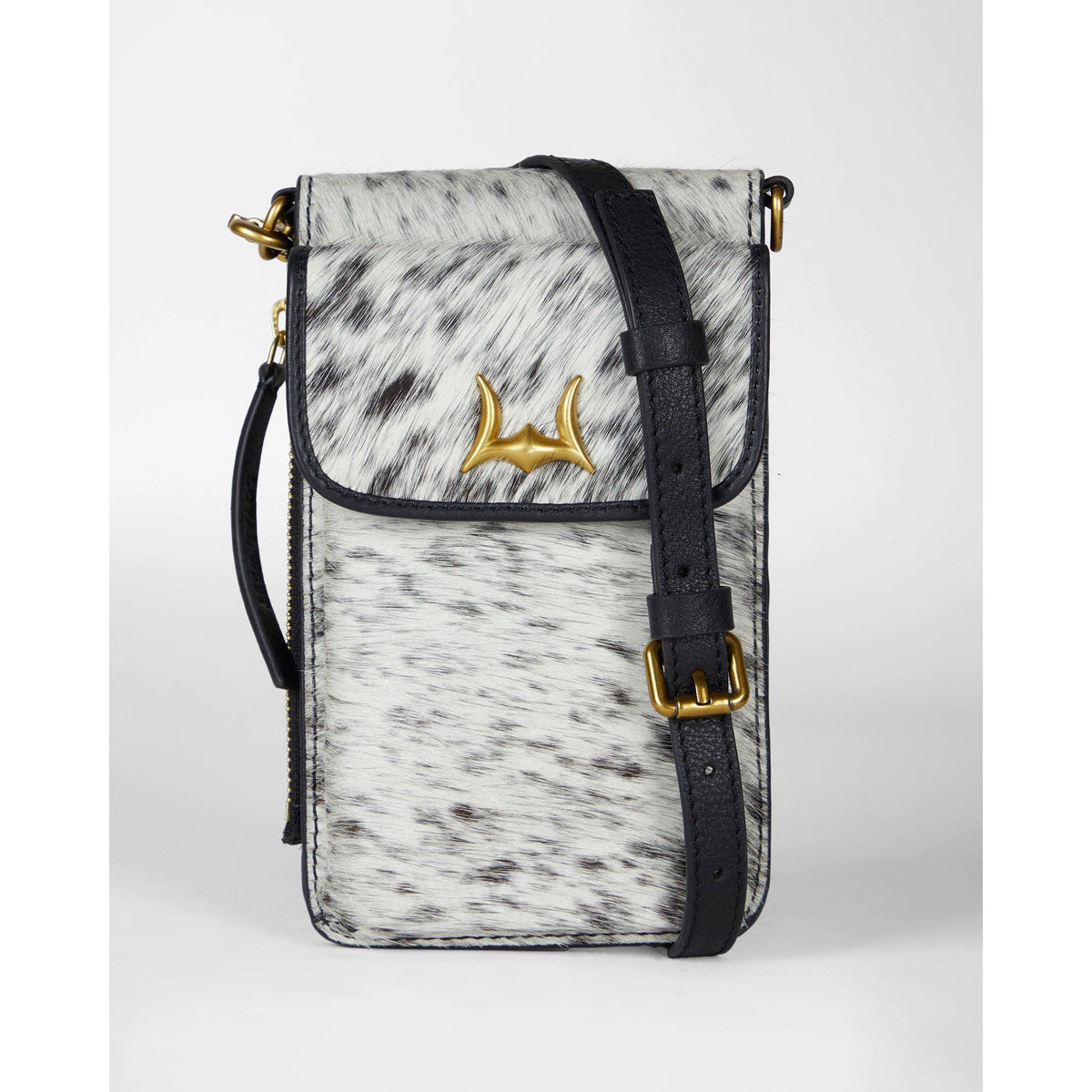 Shell Phone Bag In Black And White Cowhide