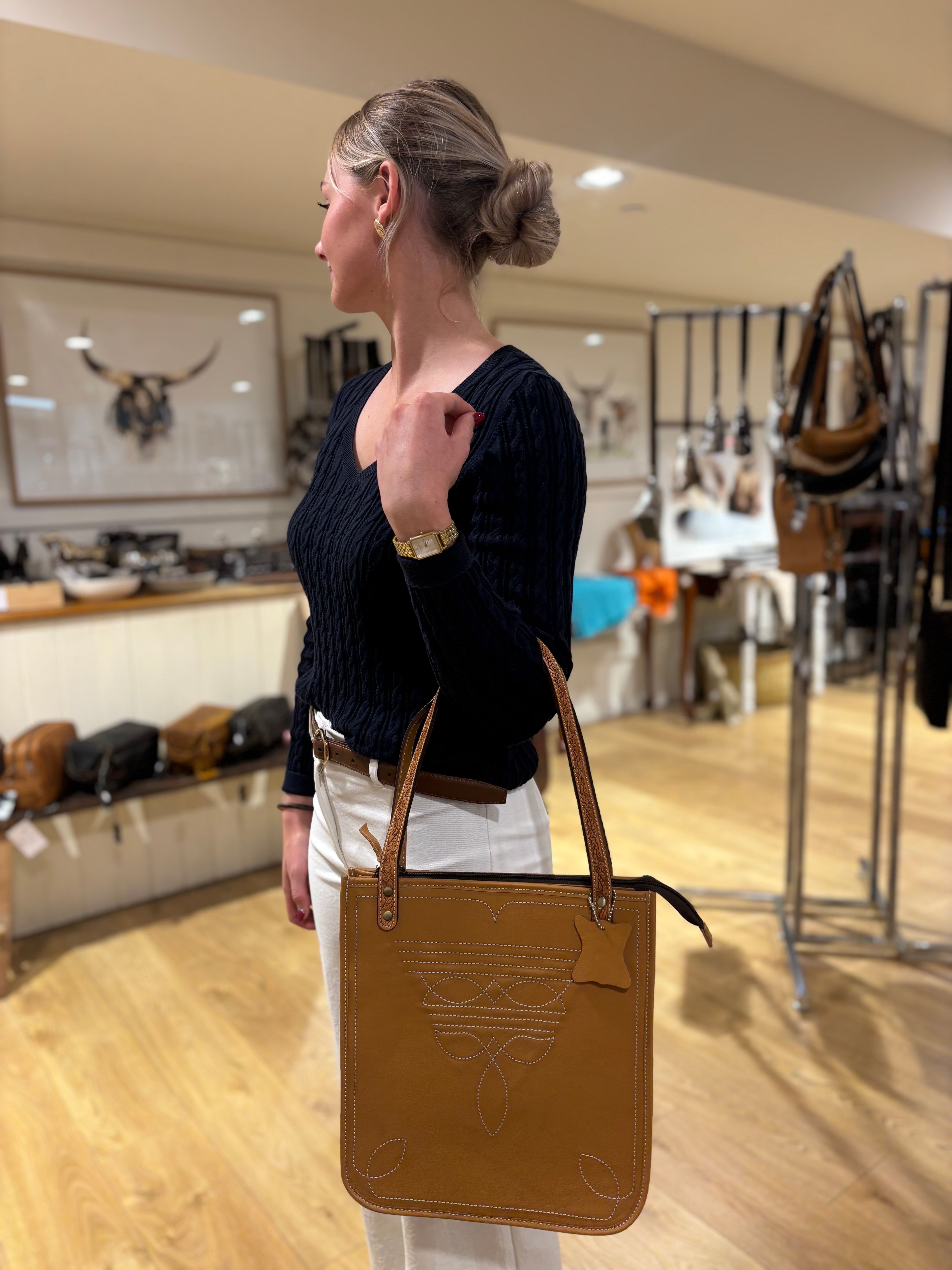 Tooling leather boot stitch bag
