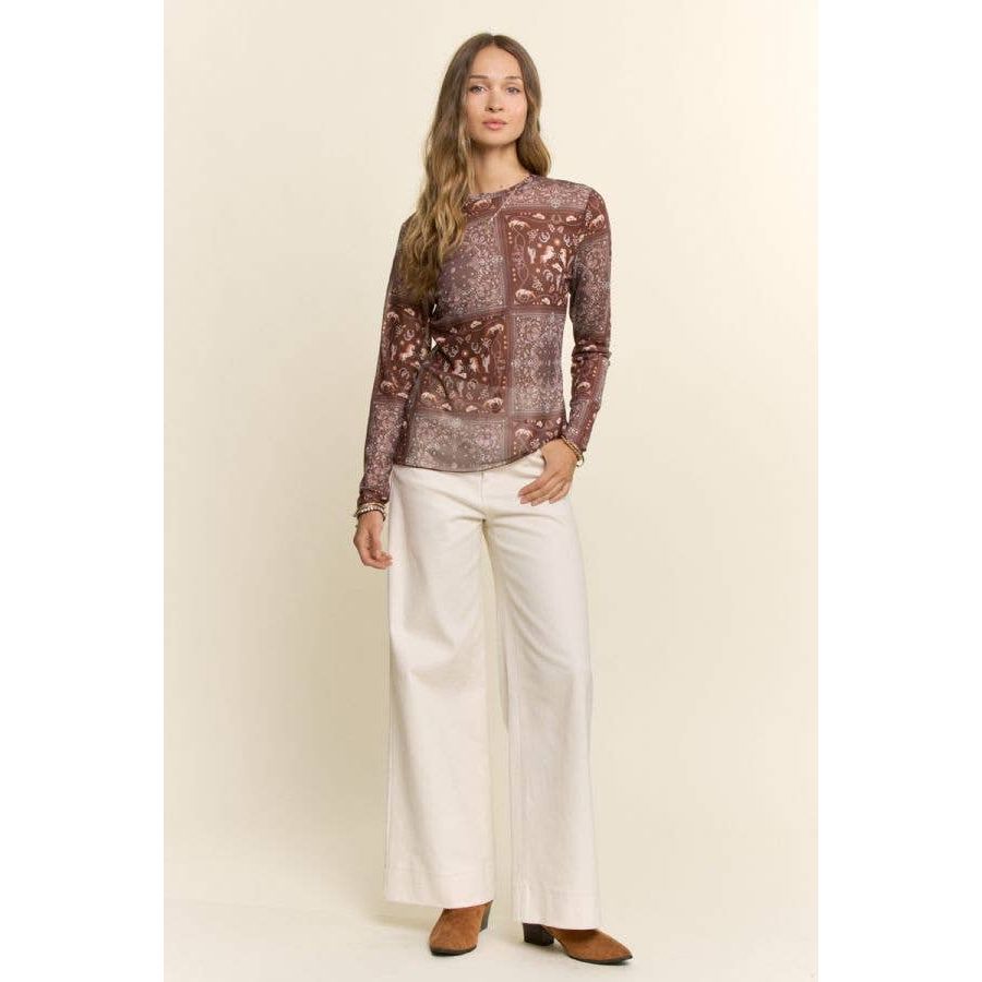 Western Bandana Print Mock Neck Mesh Top