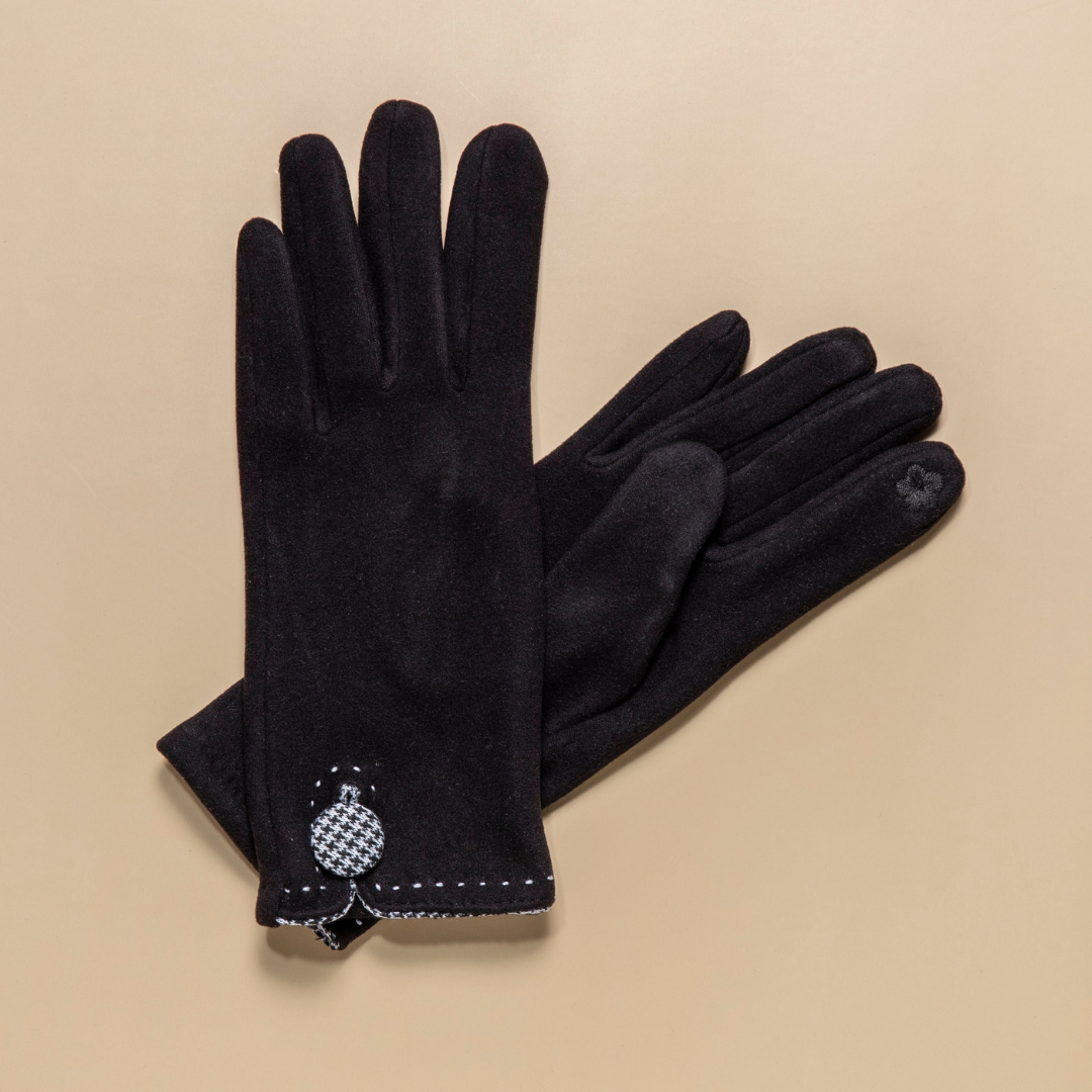 Black: Houndstooth Button Border Gloves