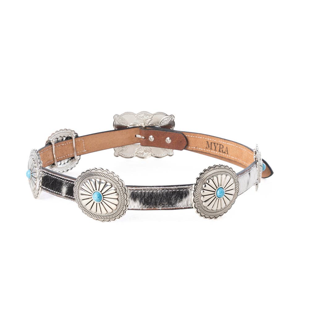 Floracrest Hairon Concho Belt for Women with Handtooling and Turquoise Stone Buckle