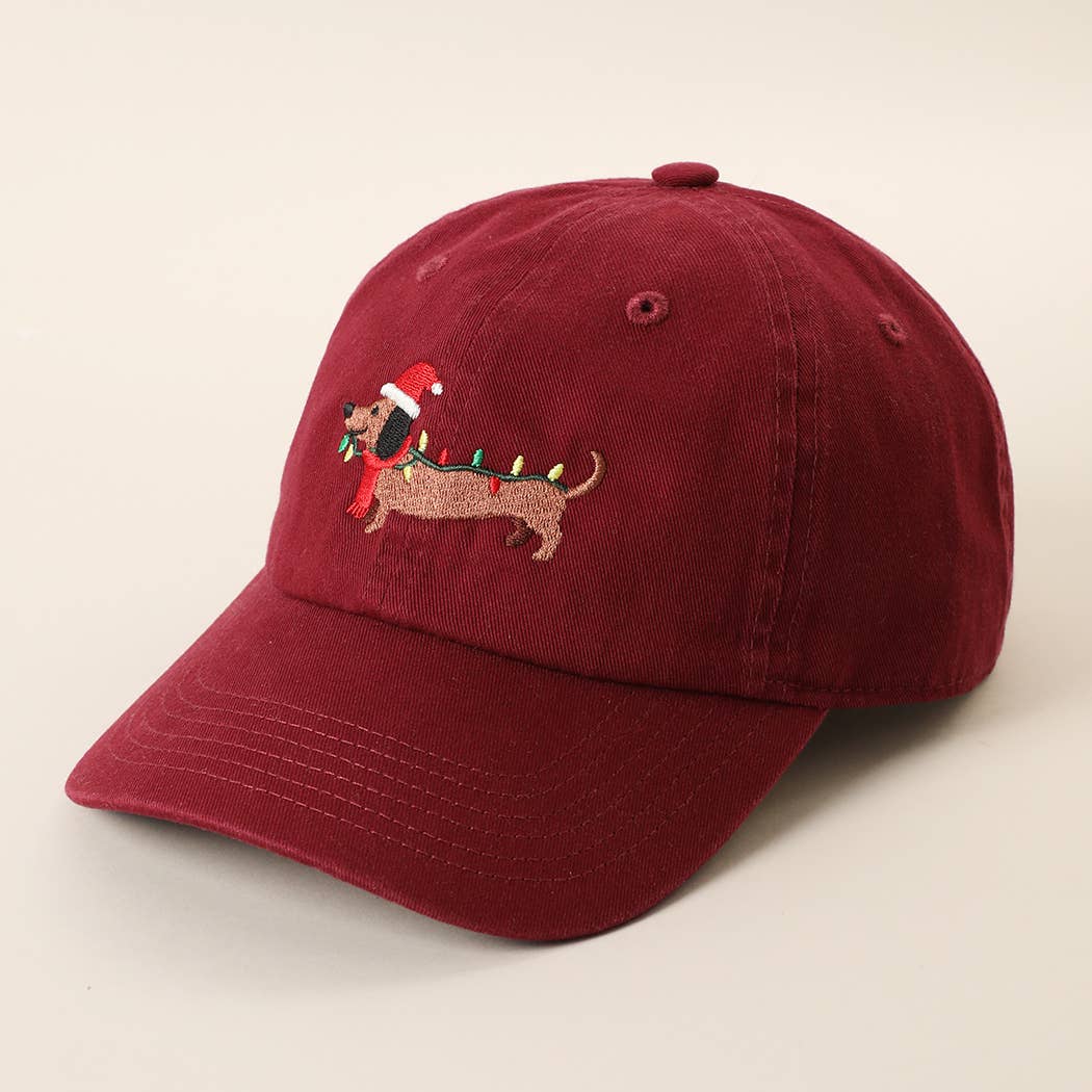 Christmas Dachshund Embroidered Stone Washed Cotton Dad Cap