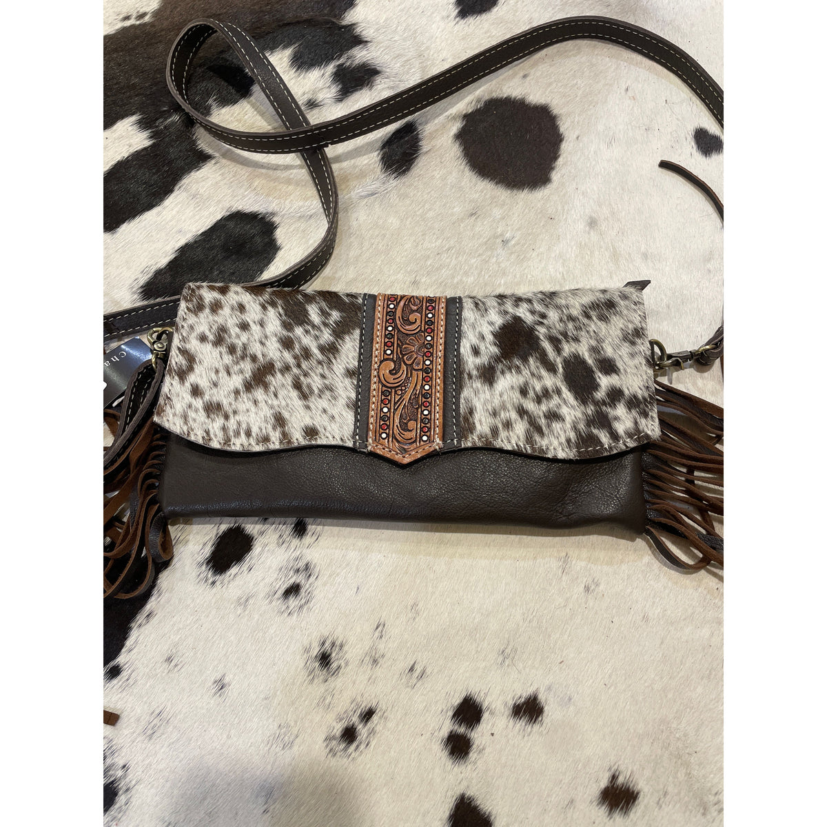 Hand Painted Tooling Leather Flap Cowhide Bag With Fringes – AB74
