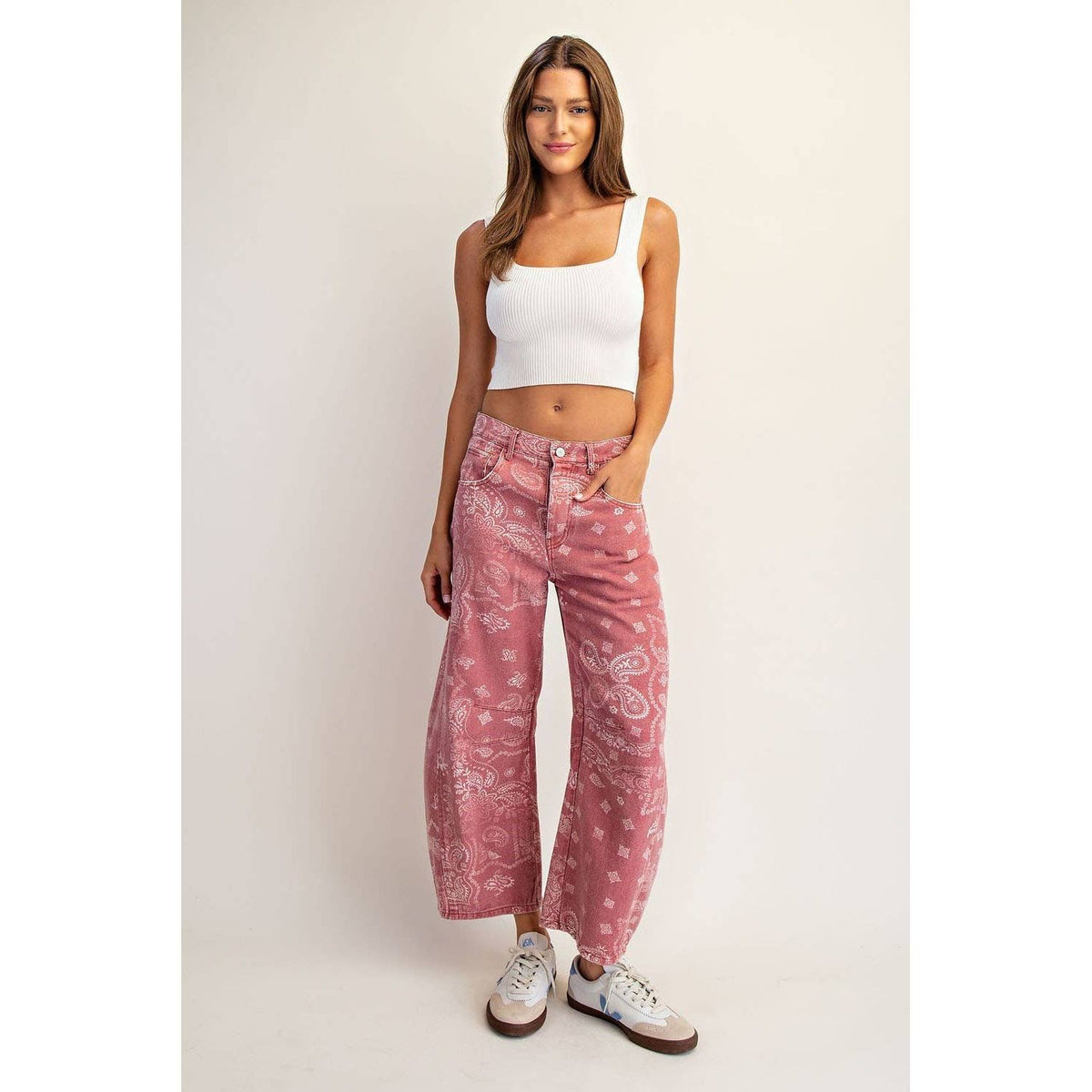 JEANS MINERAL WASHED PAISLEY PRINTED BARREL JEANS