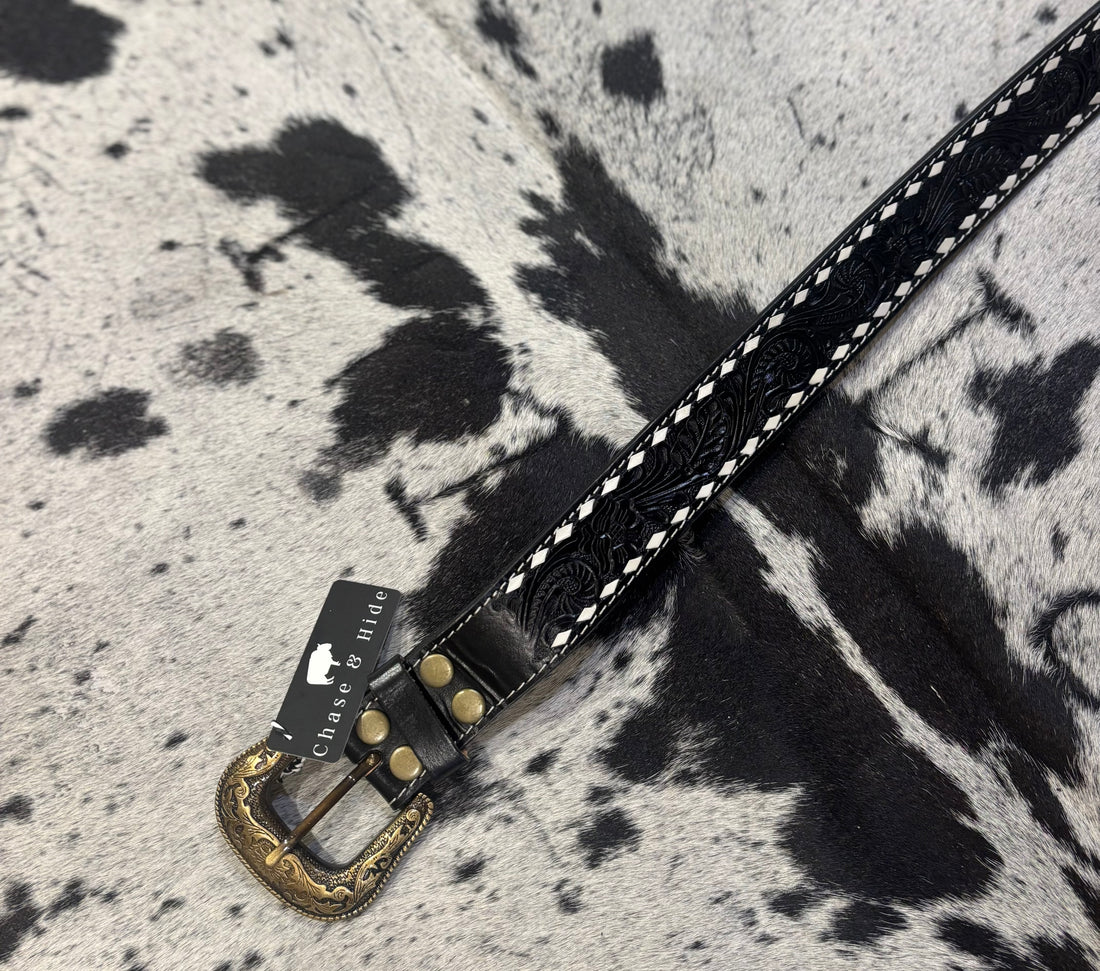 Black stitched tooling leather belt