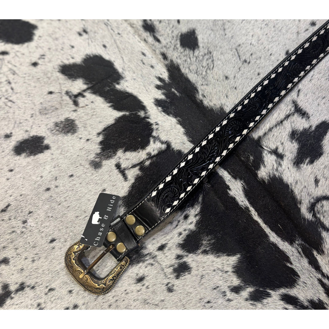 Black stitched tooling leather belt