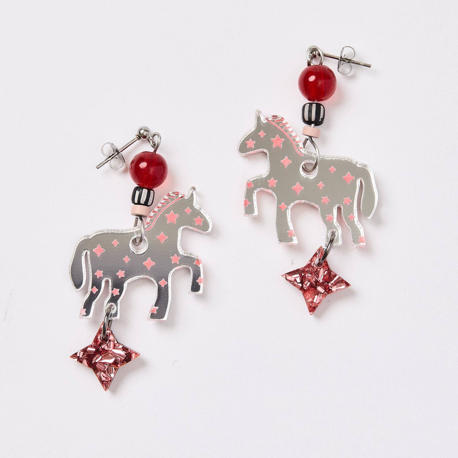 Star Horse Earrings - Silver / Pink