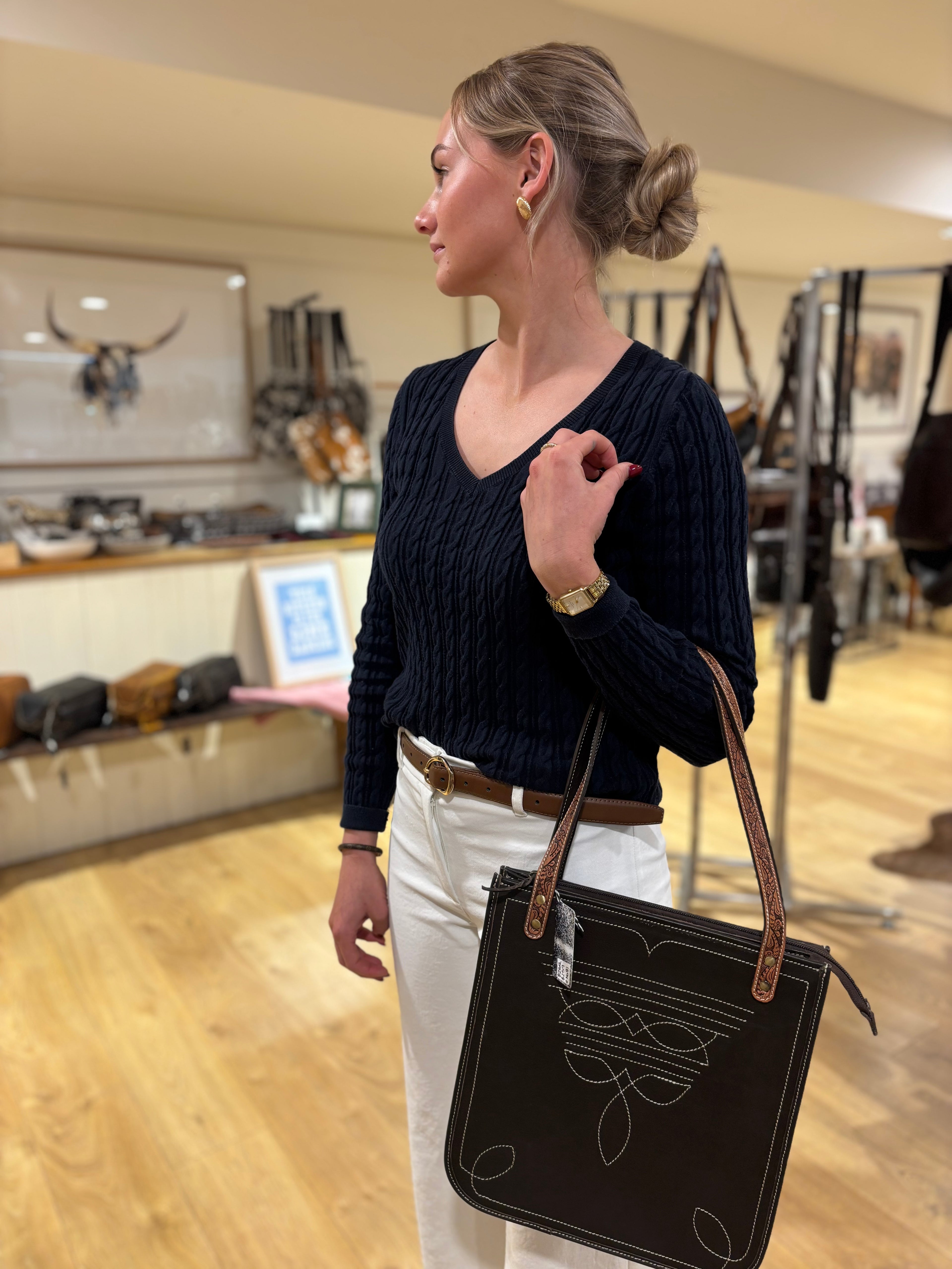 Tooling leather boot stitch bag