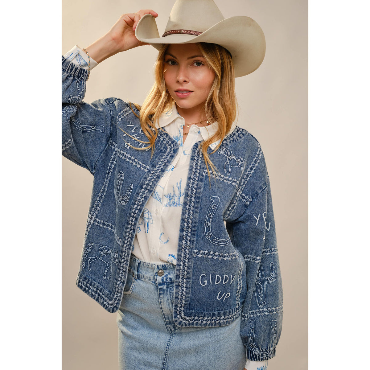 Western Embroidery Puff Sleeve Denim Jacket