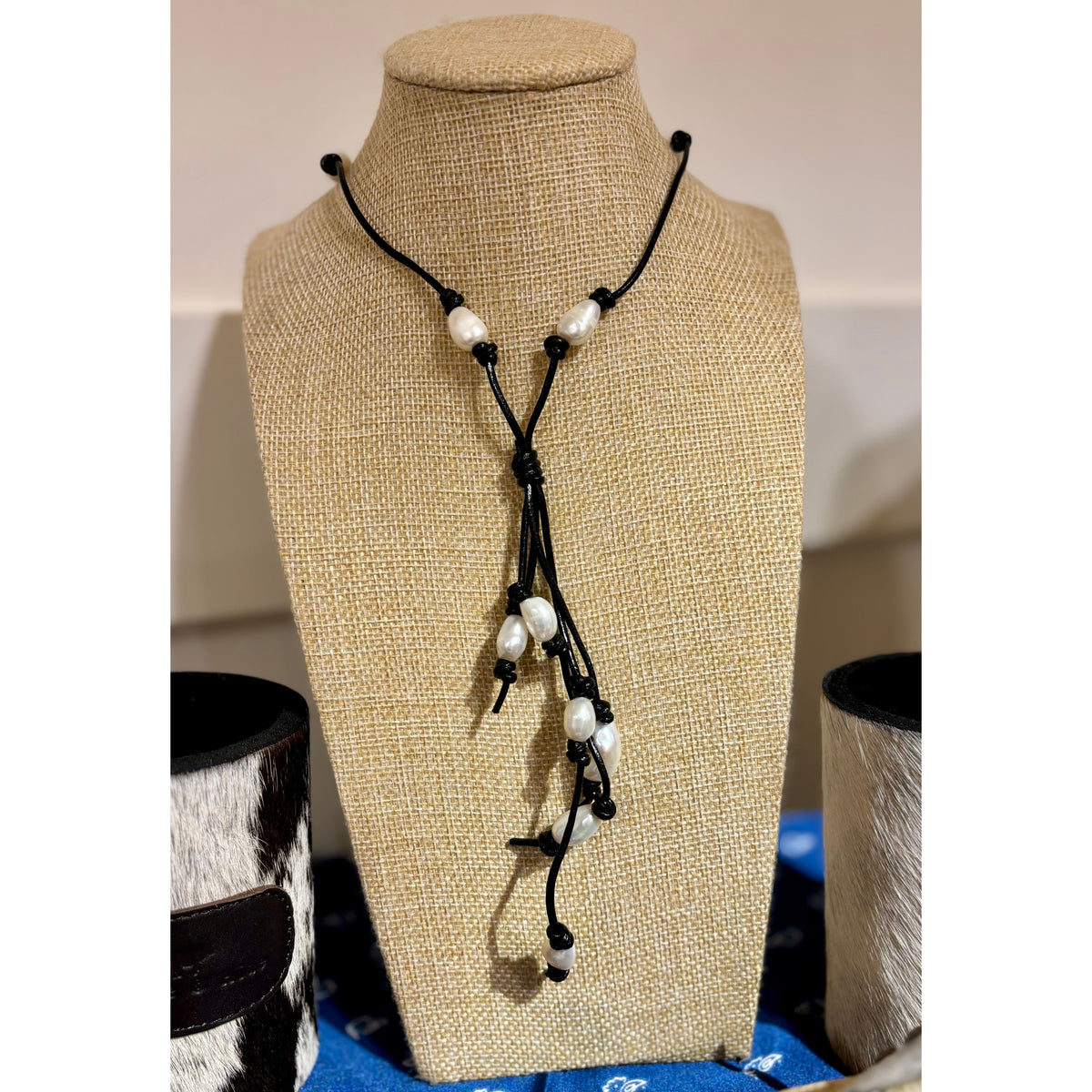 Pearls on Black Leather necklace