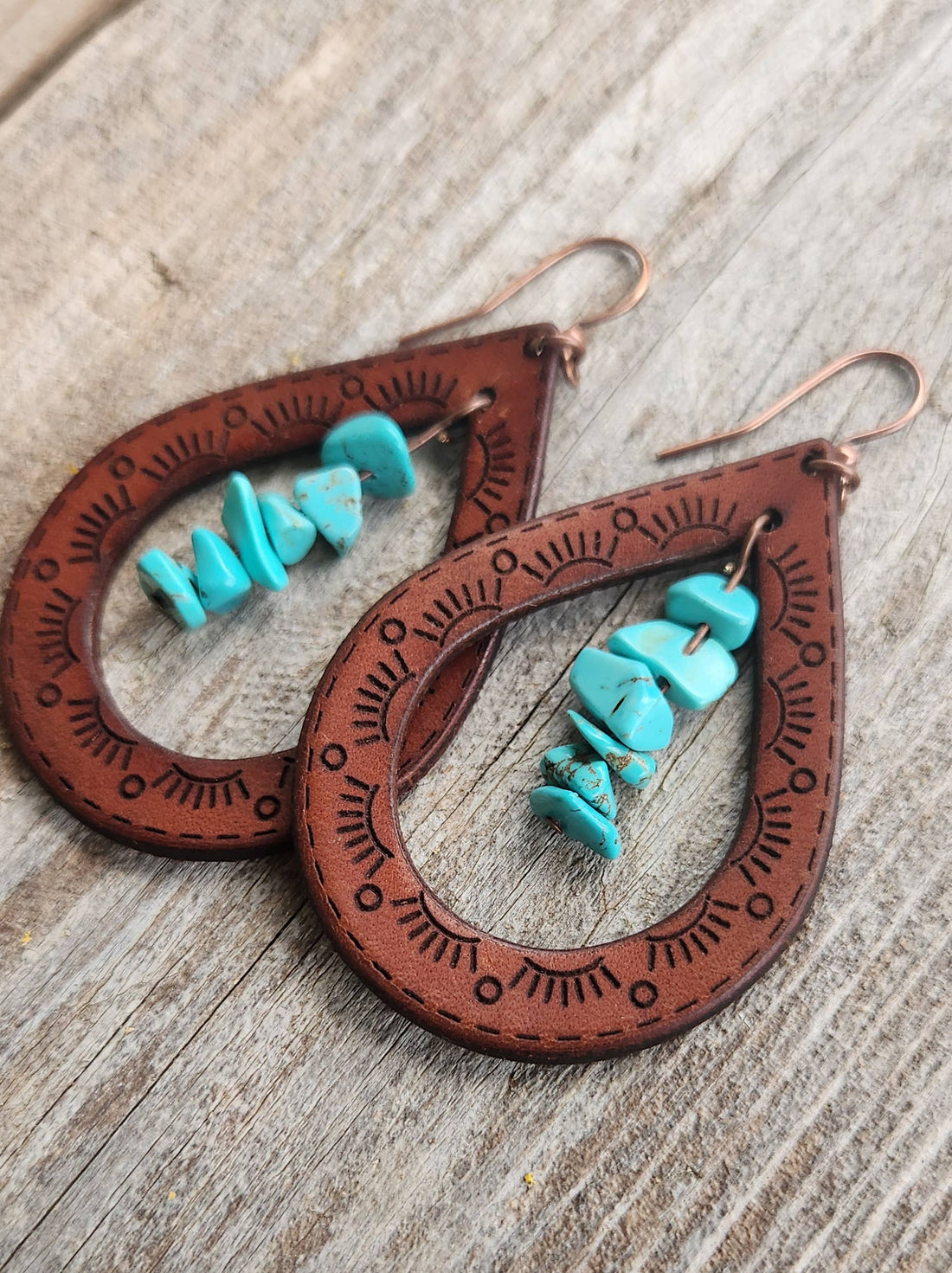 "Cassidy" Handmade Leather and Turquoise Chip Earrings