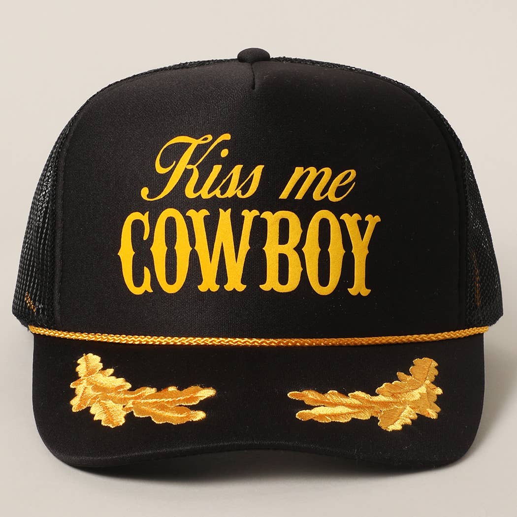 Kiss Me Cowboy Text Foam Mesh Back Trucker Hat Cap