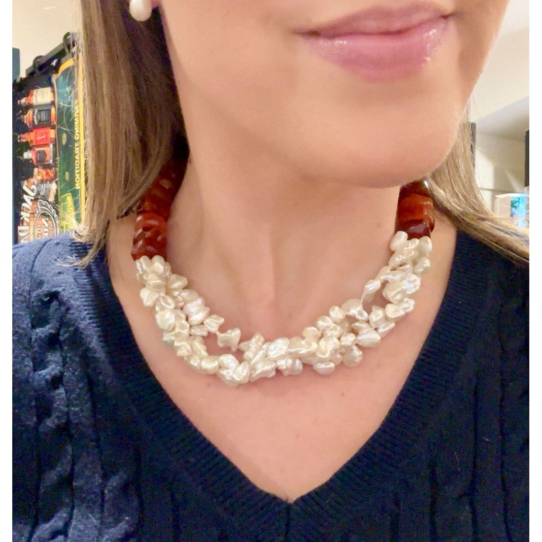 Tangerine Faceted Agate and Freshwater Keshi Pearl Necklace