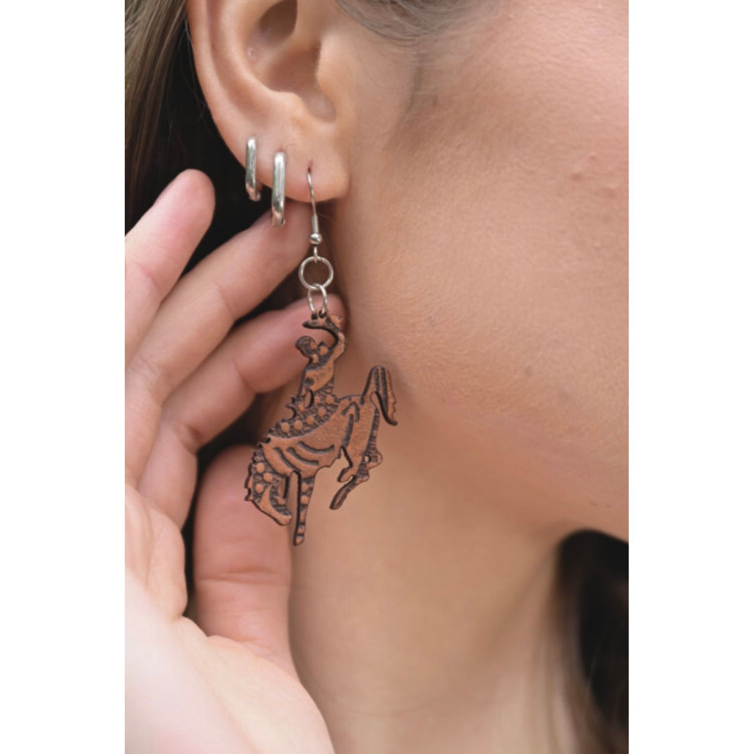Tooled Bronc Rider earrings- leather Jewellery surgical steel