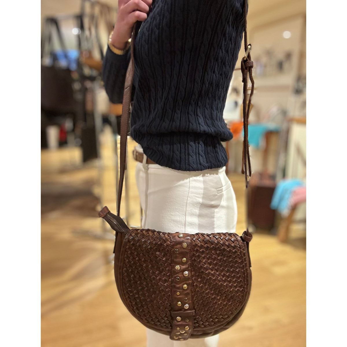 Leather weave gold stud handbag