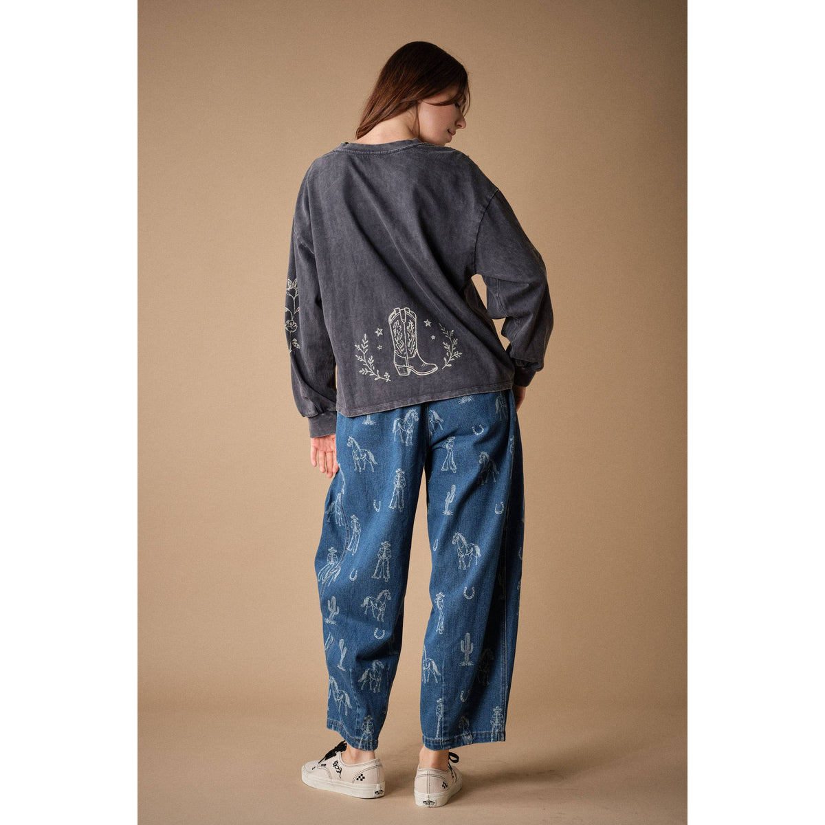 Western Print Barrel Denim Pants