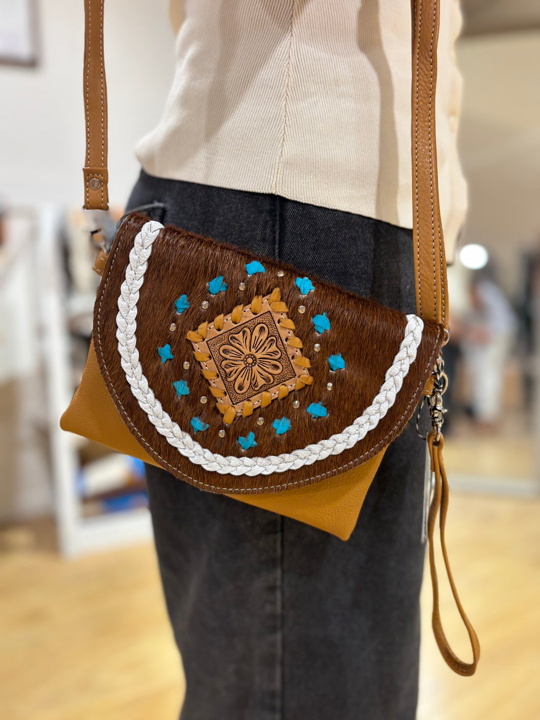 Small Boho Bag with leather stitch