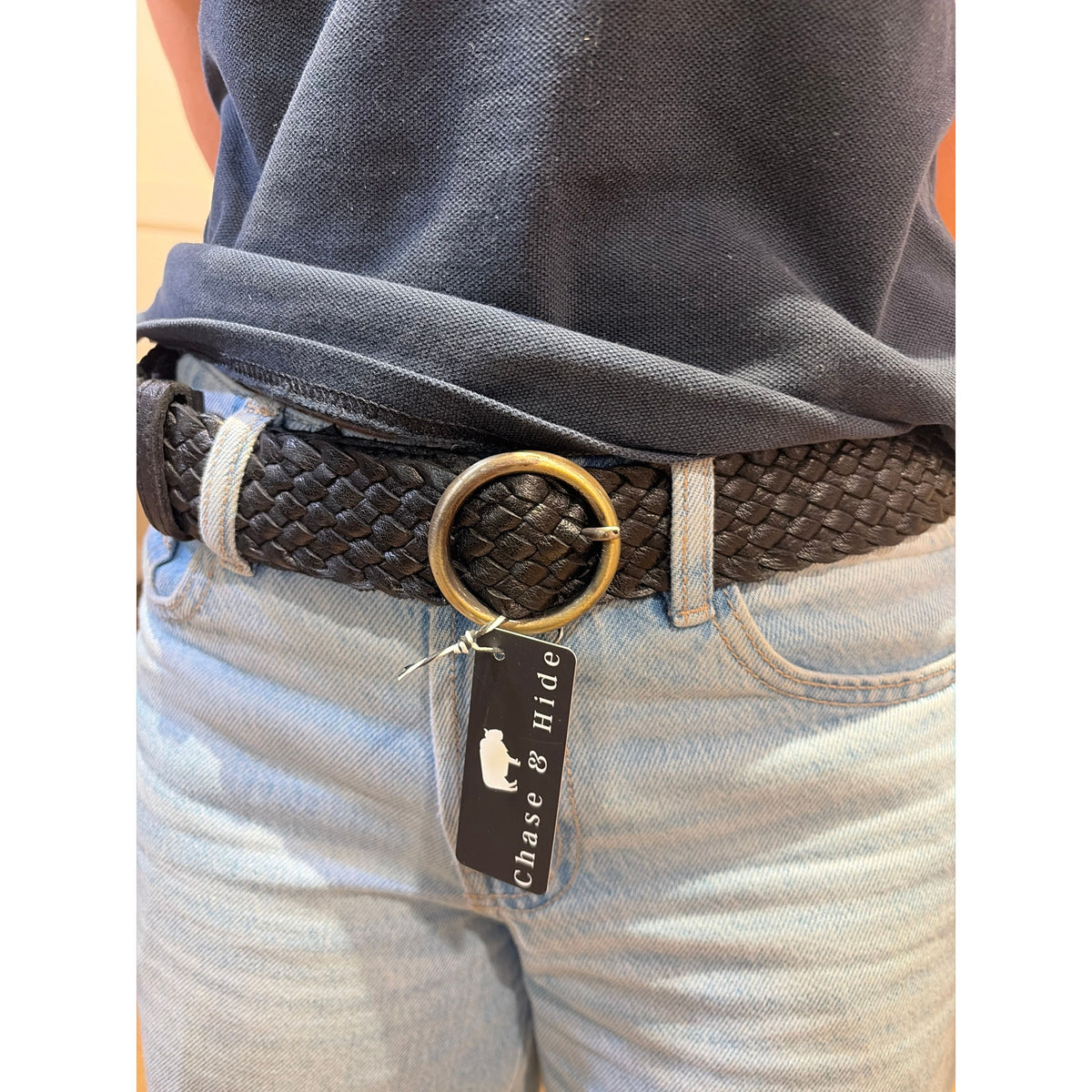 Woven washed leather belt