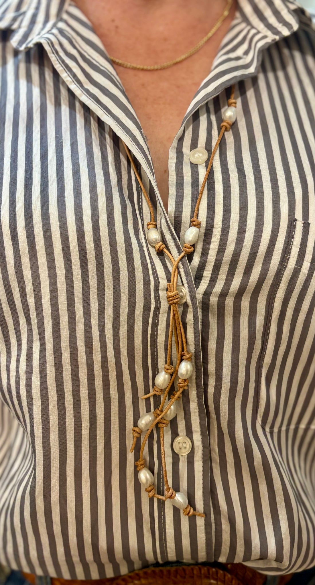 Pearls on light Tan Leather necklace