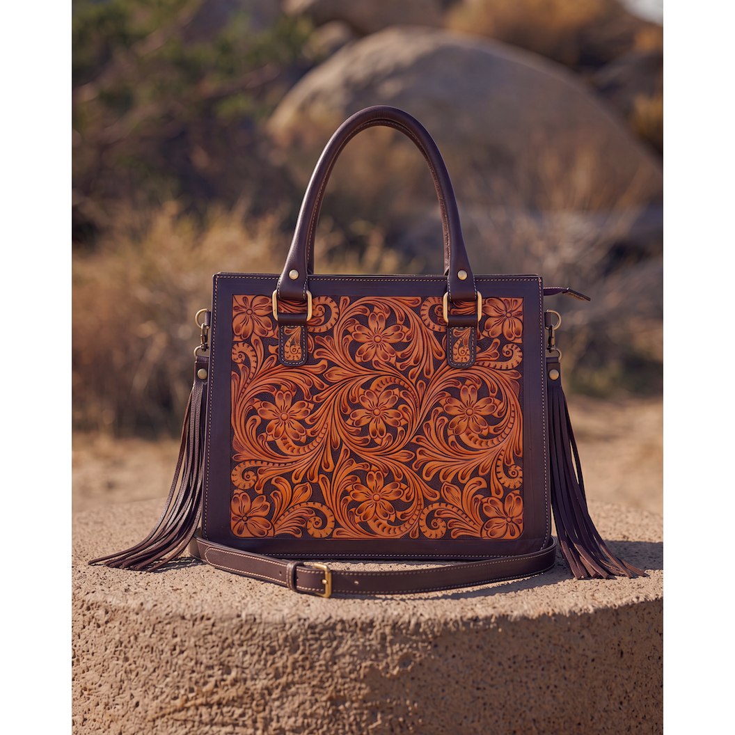 Two Tone Hand Tooled Leather Tote Bag – AB96 – Carmen