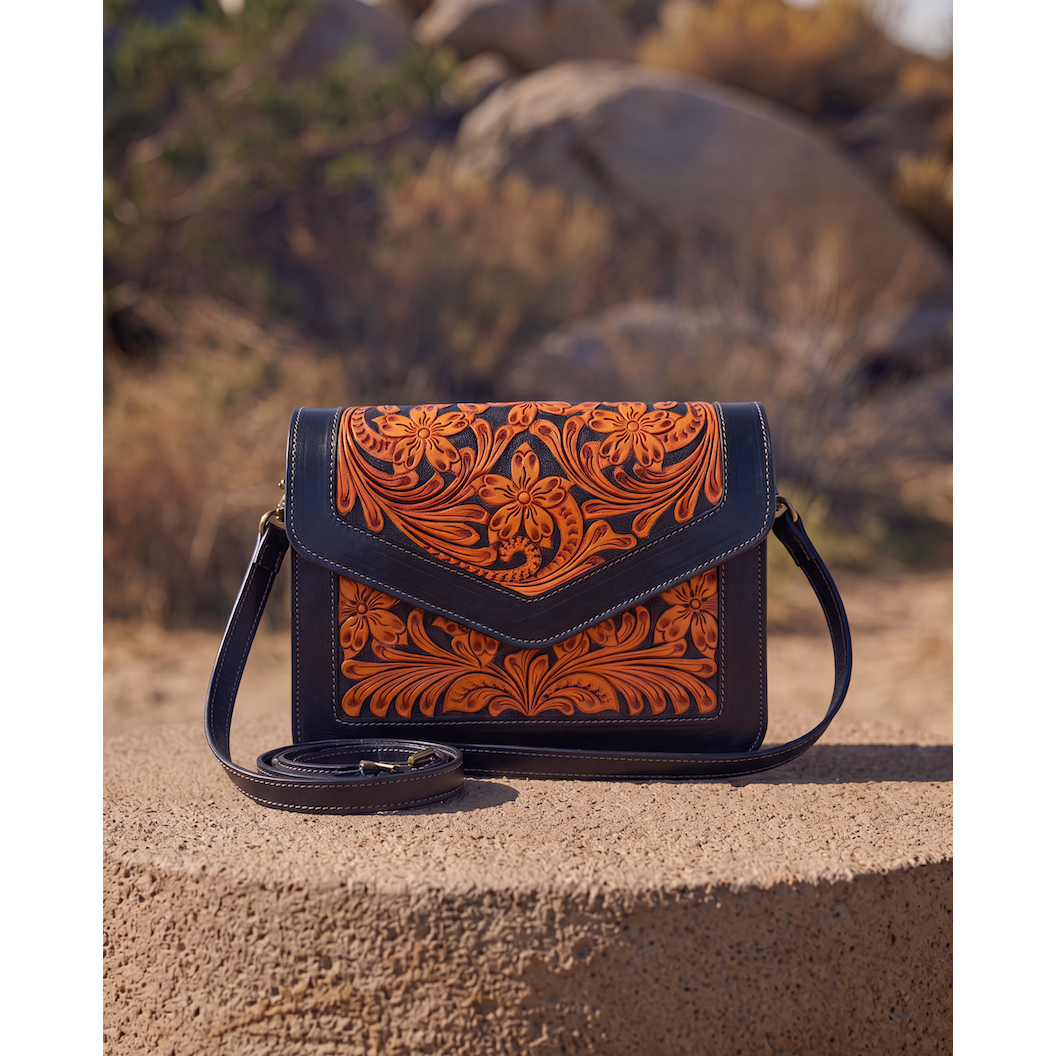 Two Tone Hand Tooled Leather Flap Bag – AB97 – Condor