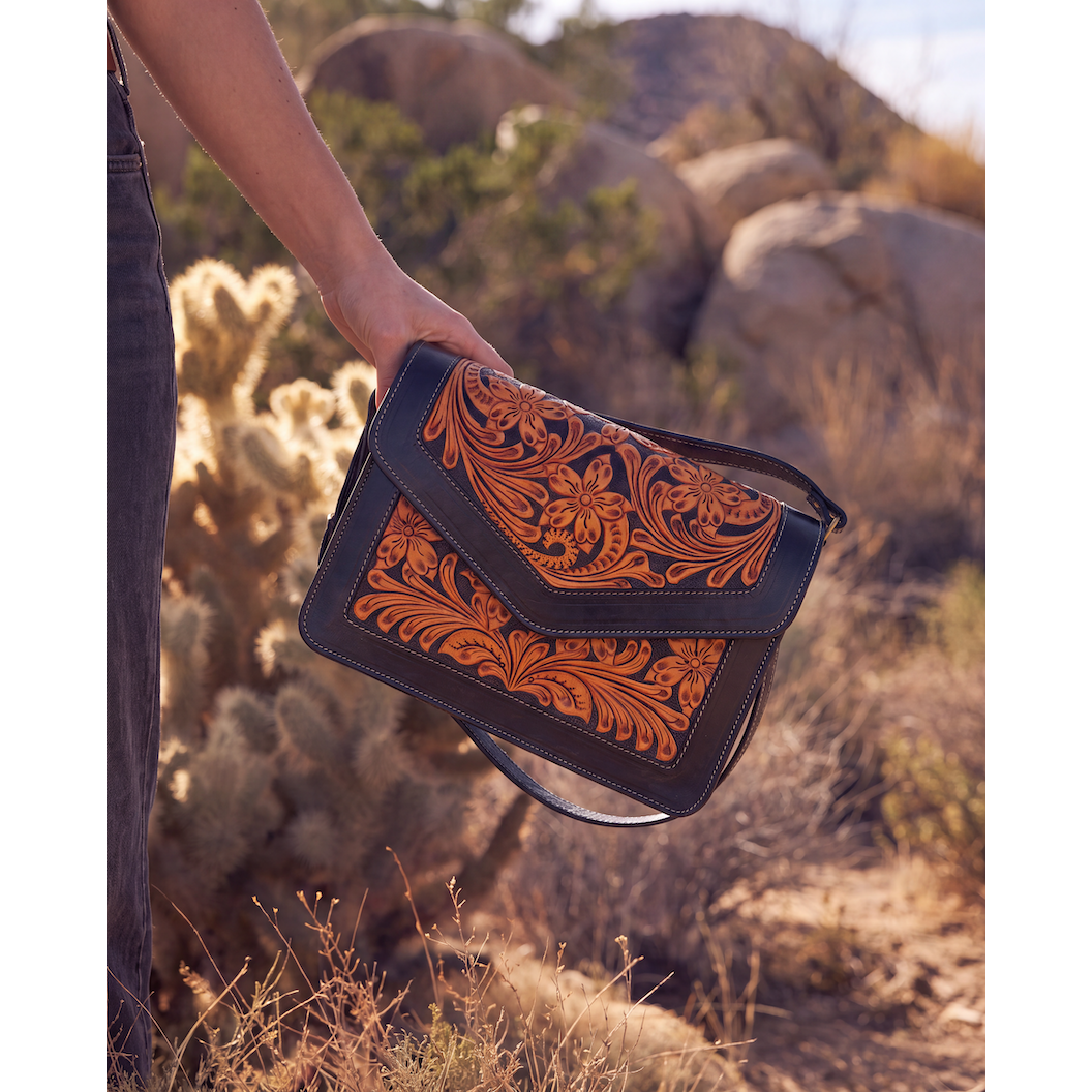 Two Tone Hand Tooled Leather Flap Bag – AB97 – Condor