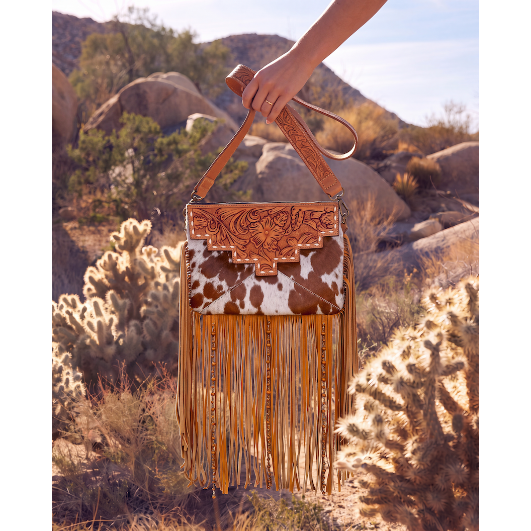 Tooling Leather Cowhide Sling Bag with Fringes and Buckstitch – AB98 – Machala