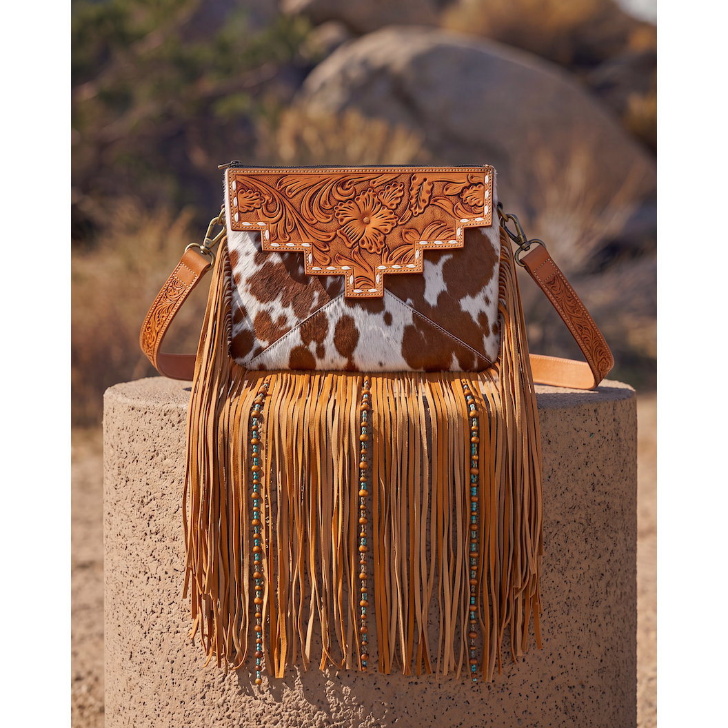 Tooling Leather Cowhide Sling Bag with Fringes and Buckstitch – AB98 – Machala