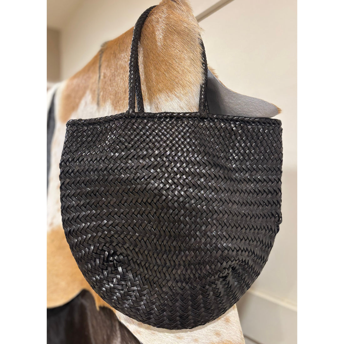 black leather weave bag