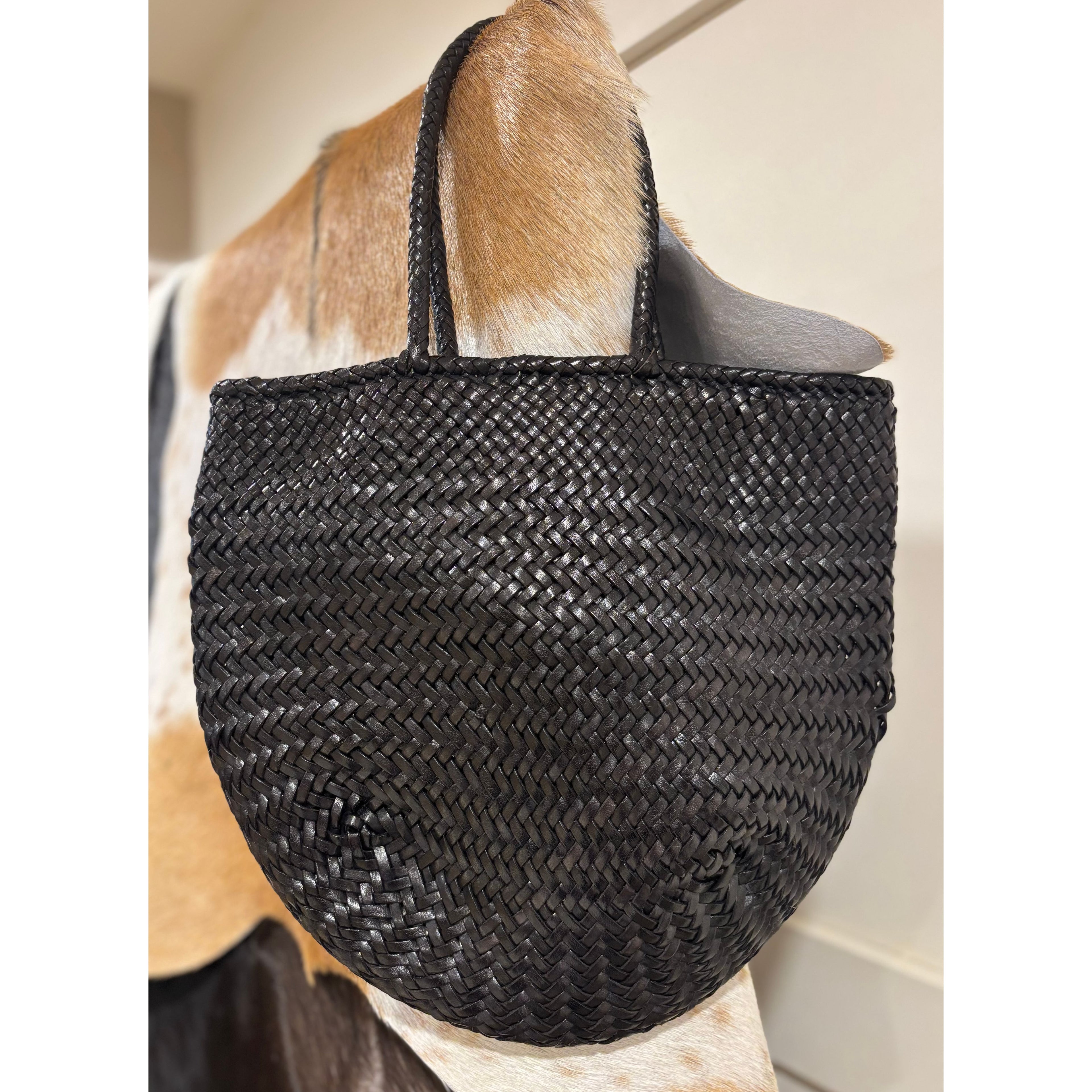 black leather weave bag