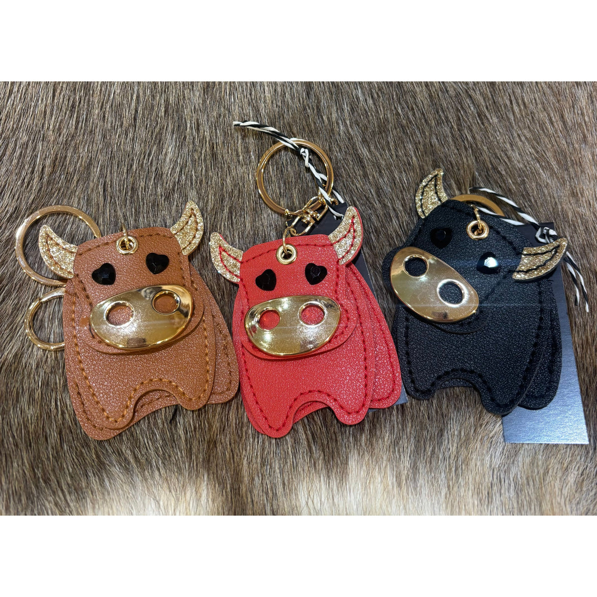 Leather Cow Bull glitter keychain